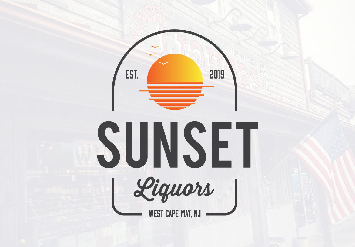 Sunset Liquors logo featuring a stylized orange and yellow sunset over water, framed by an arch with vintage typography, set against a light background.