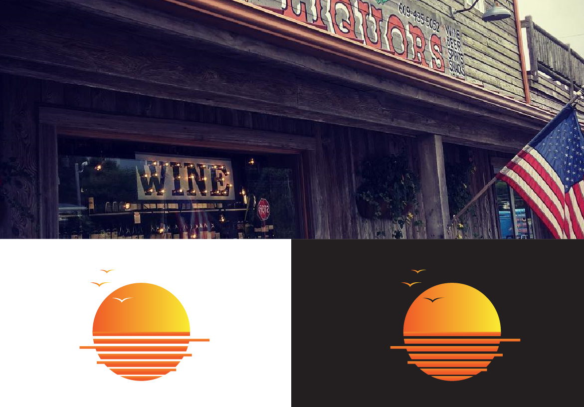 Branding collage for Sunset Liquors showing the exterior shop signage and the sun icon logo variation on both white and black backgrounds.