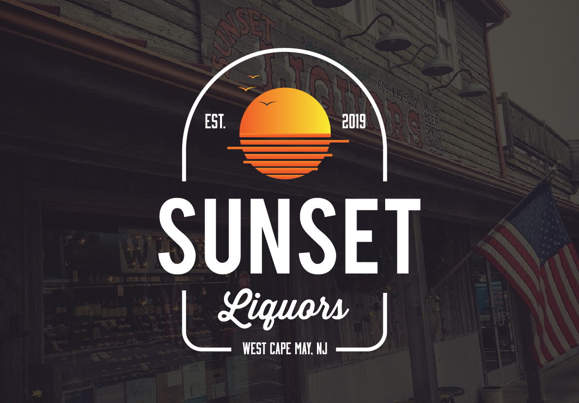 Sunset Liquors branding displayed over a dark, rustic wooden storefront background featuring an American flag, emphasizing its local West Cape May location.