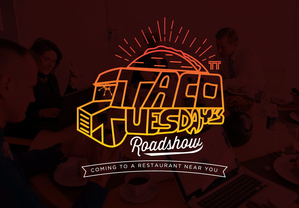 Close-up of the Taco Tuesday's Roadshow branding with the tagline 'Coming to a restaurant near you', evoking a fun, retro atmosphere.