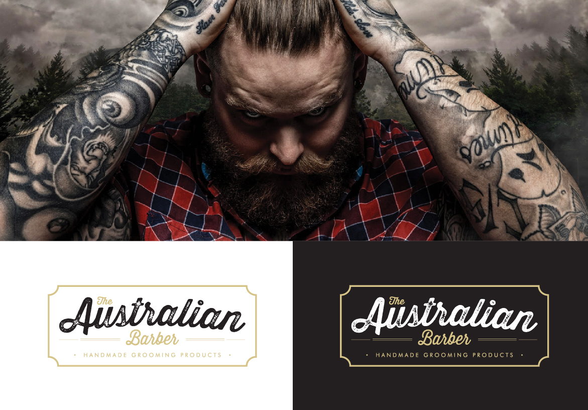 Official logo design for The Australian Barber, a Budapest-based manufacturer, showing the vintage brand mark on clean white and black backgrounds.