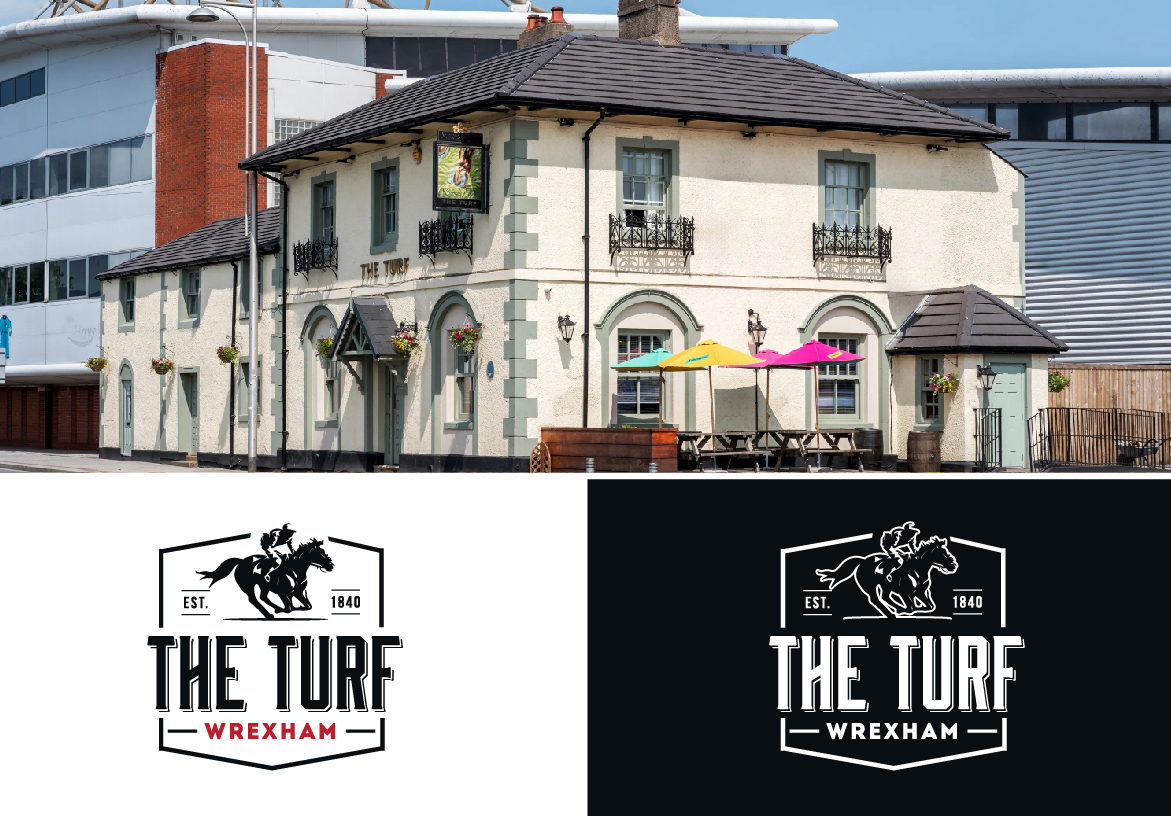 Collage showing the exterior of The Turf pub, the official branding, and its proximity to the floodlights of the Wrexham AFC Racecourse Ground.