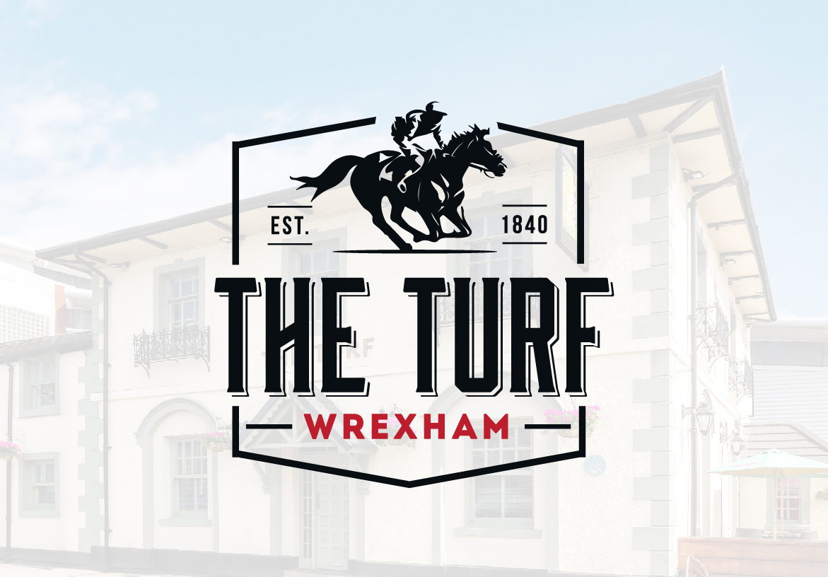 Official logo design for The Turf Wrexham, established 1840, featuring a vintage-style horse racing illustration and bold typography.