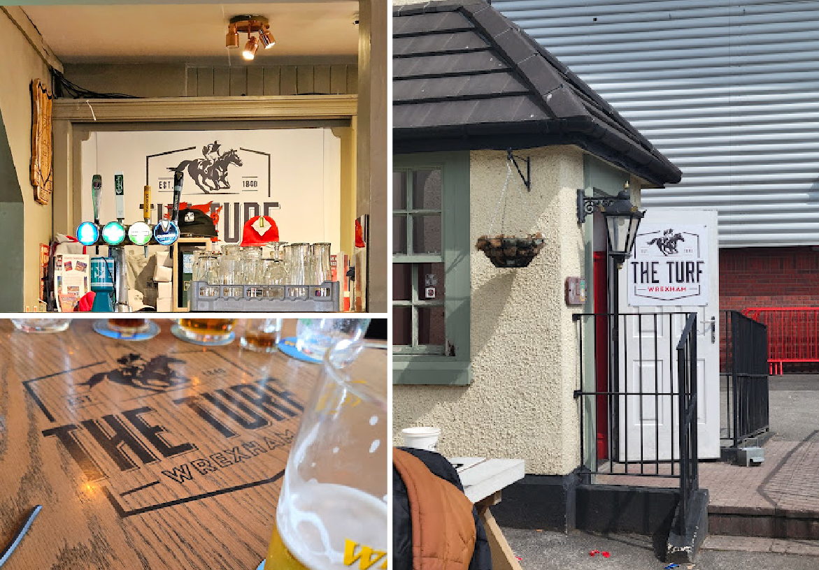 Interior of The Turf pub featuring custom wooden tables branded with the horse and jockey logo, creating an authentic match-day atmosphere.
