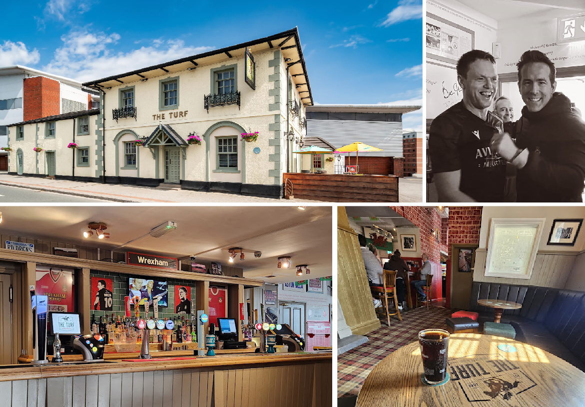 Interior design details of The Turf, highlighting the bar area, beer taps, and the historic character of this famous Wrexham football pub.