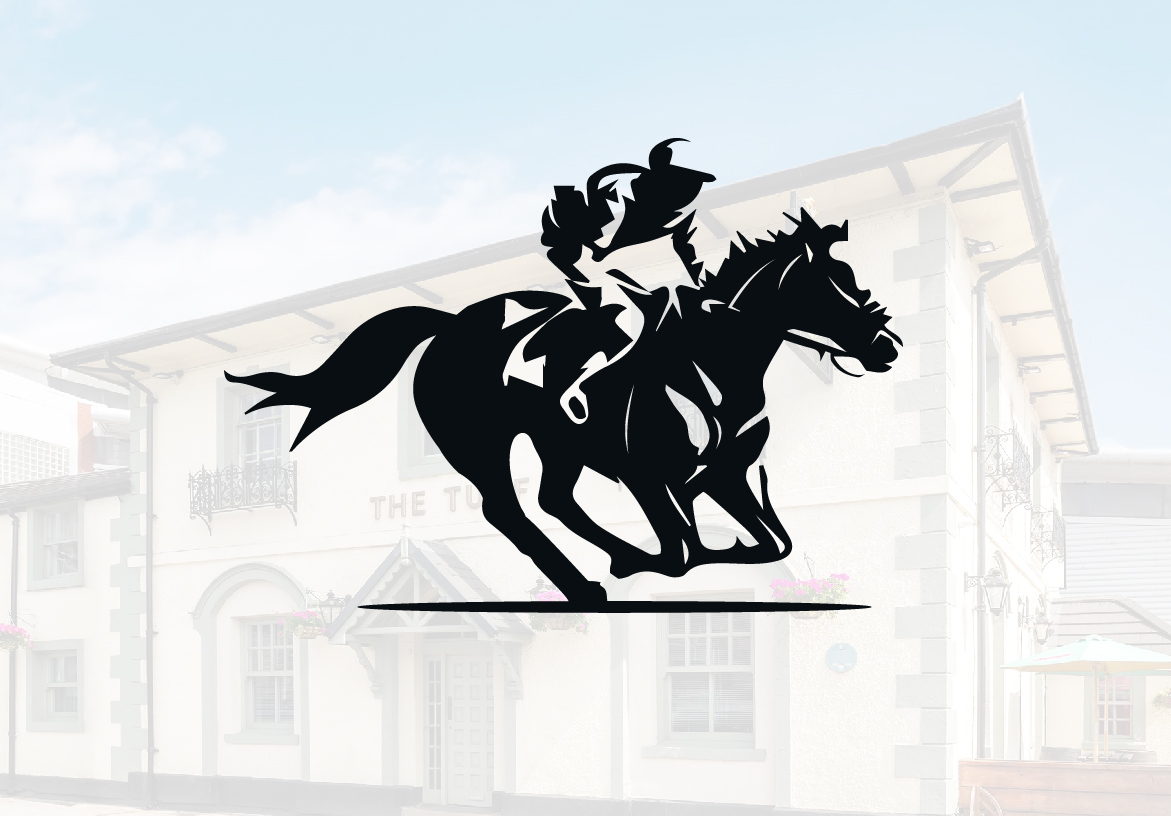 The Turf Wrexham logo featuring a jockey on horseback, overlaid on a sketch of the historic pub building near the Racecourse Ground.
