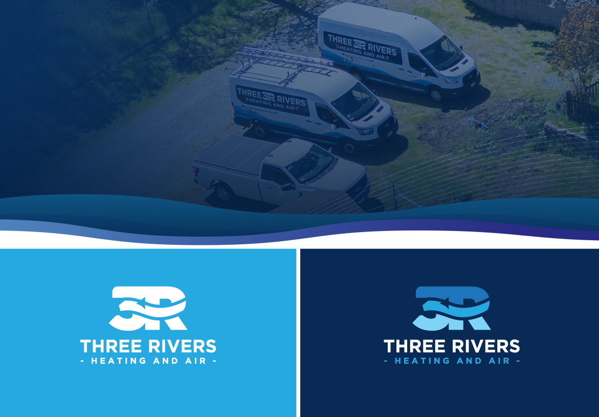 Branding overview for Three Rivers Heating and Air, showing logo variations on corporate blue colors and an aerial view of the branded service van fleet.