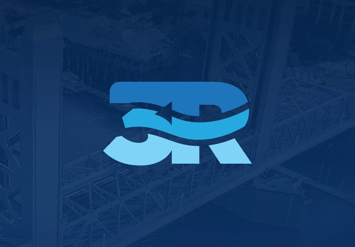Stylized '3R' logo mark for Three Rivers Heating and Air featuring airflow arrows, set against a dark blue background with a subtle overlay of the Sacramento Tower Bridge.