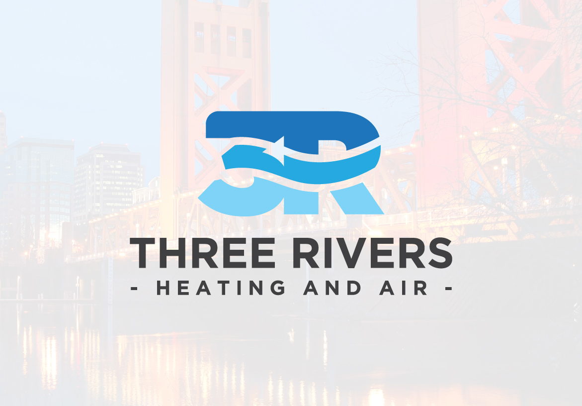 Official Three Rivers Heating and Air logo displayed over a light, hazy image of the iconic Tower Bridge in Sacramento, California, emphasizing local service.