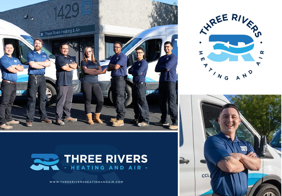 The Three Rivers Heating and Air team standing in front of their branded service vehicles, highlighting the professional staff uniforms and vehicle wrap design.