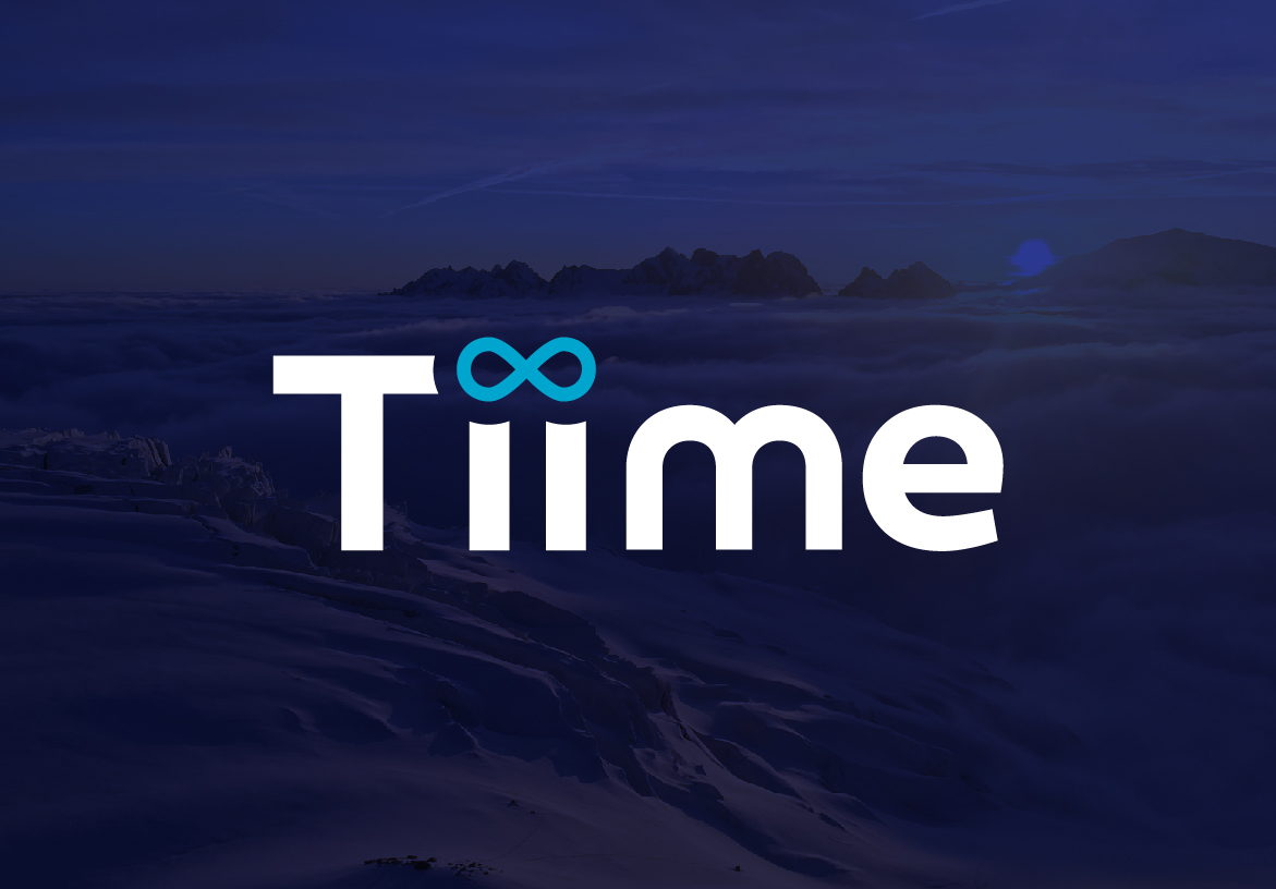 White Tiime logo featuring a cyan infinity symbol formed by the letter 'i's, overlaid on a dark, majestic mountain landscape at twilight representing long-term impact.