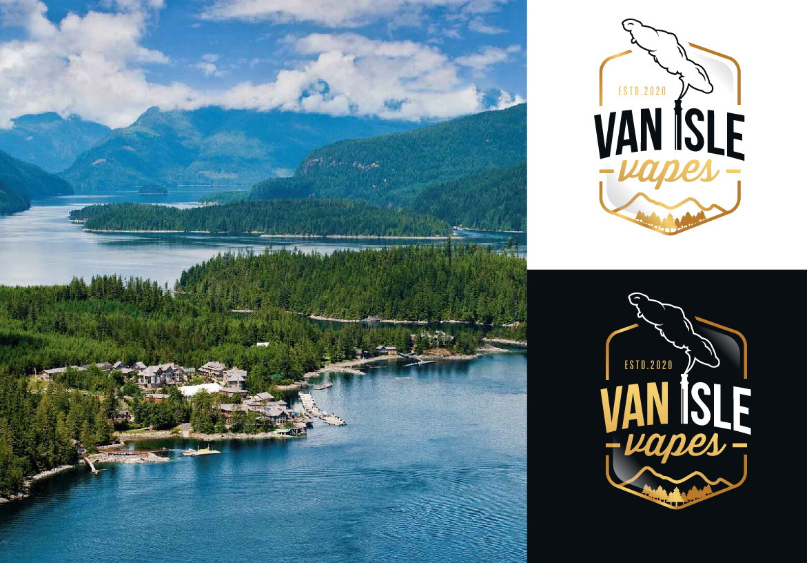 Brand identity collage for Van Isle Vapes showing scenic aerial views of the British Columbia coast alongside gold and black logo variations.