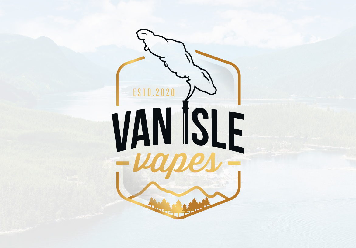 Official logo design for Van Isle Vapes, established 2020, featuring the island silhouette on a clean, misty mountain background.