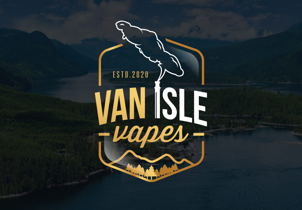 Gold badge logo for Van Isle Vapes featuring the Vancouver Island outline and vapor clouds, set against a moody river and forest background.