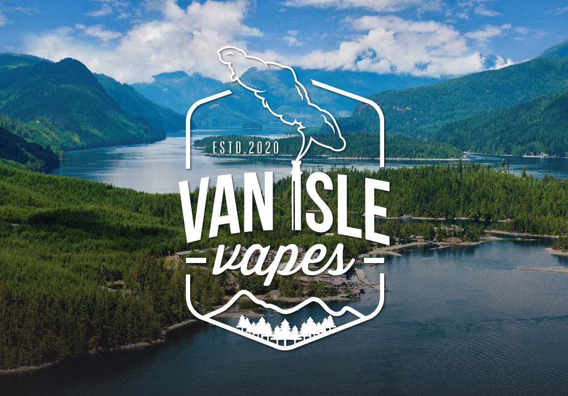 White Van Isle Vapes logo overlaid on a sunny aerial photo of a Vancouver Island lake and forest, emphasizing the brand's connection to nature.