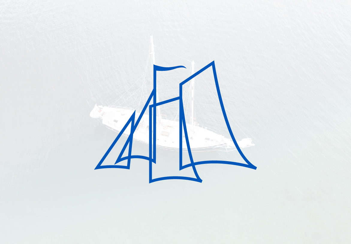 Minimalist blue line-art logo of the Wind Dancer schooner, designed for high-end sailing tours in Traverse City, Michigan.