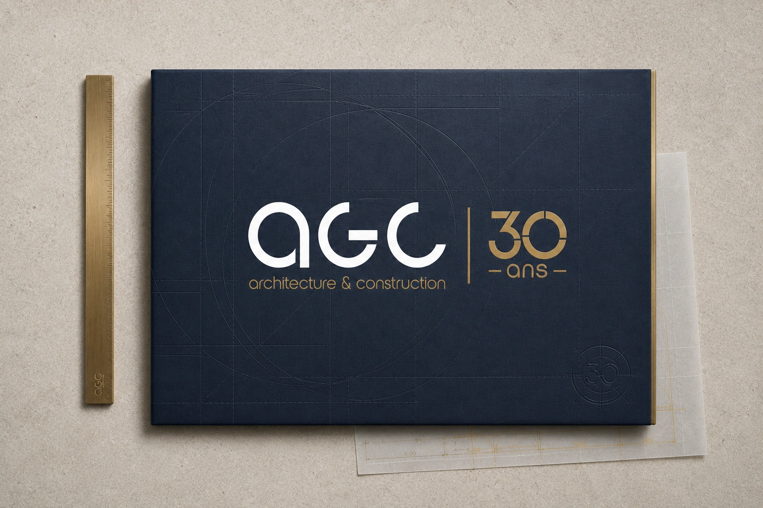 Navy architectural presentation folio with construction geometry, a brass ruler and the AGC 30th anniversary lockup