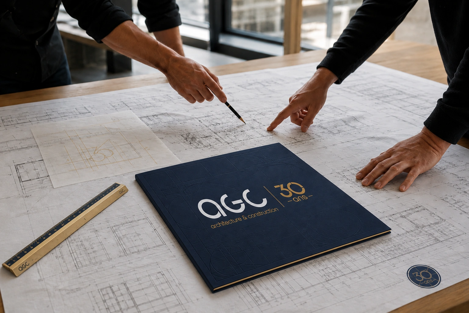 Architects reviewing plans around a navy presentation folder bearing the AGC 30th anniversary lockup and construction geometry