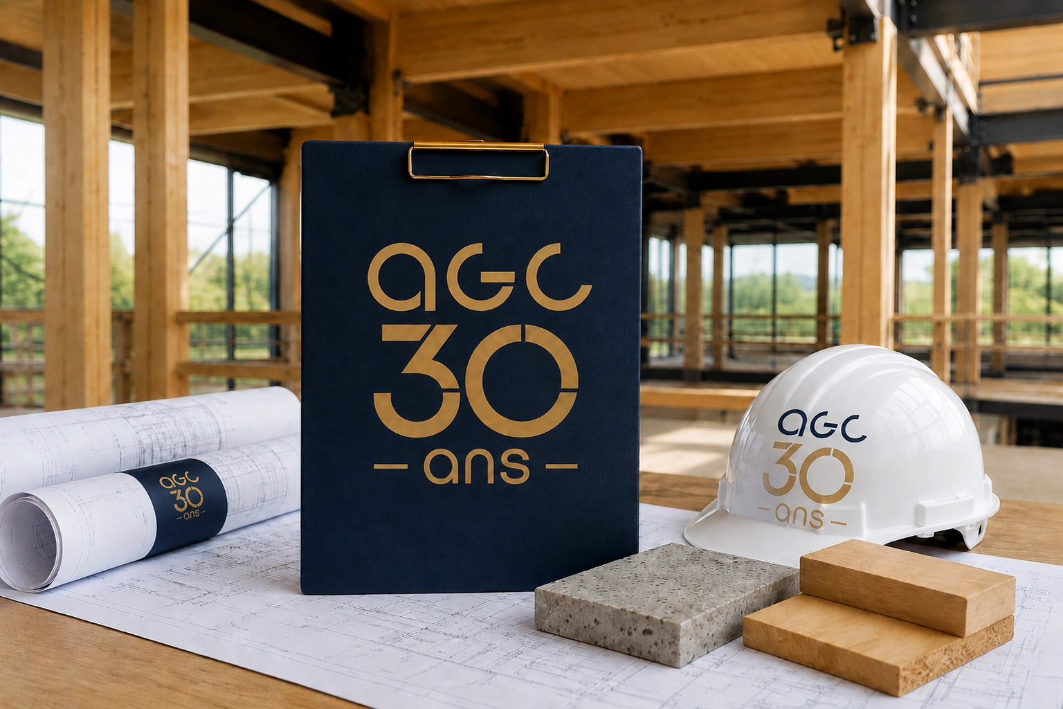 Construction-site document kit with branded navy clipboard, rolled plans, AGC hard hat and material samples