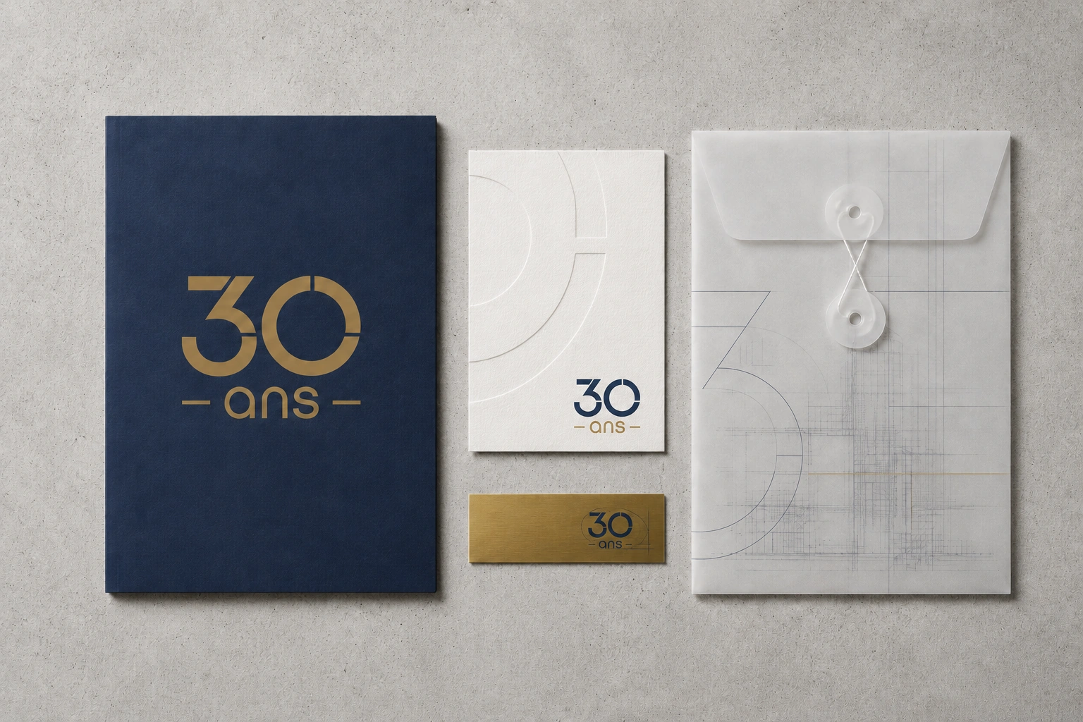 AGC 30th anniversary stationery suite with navy folio, embossed invitation, brass nameplate and translucent architectural envelope