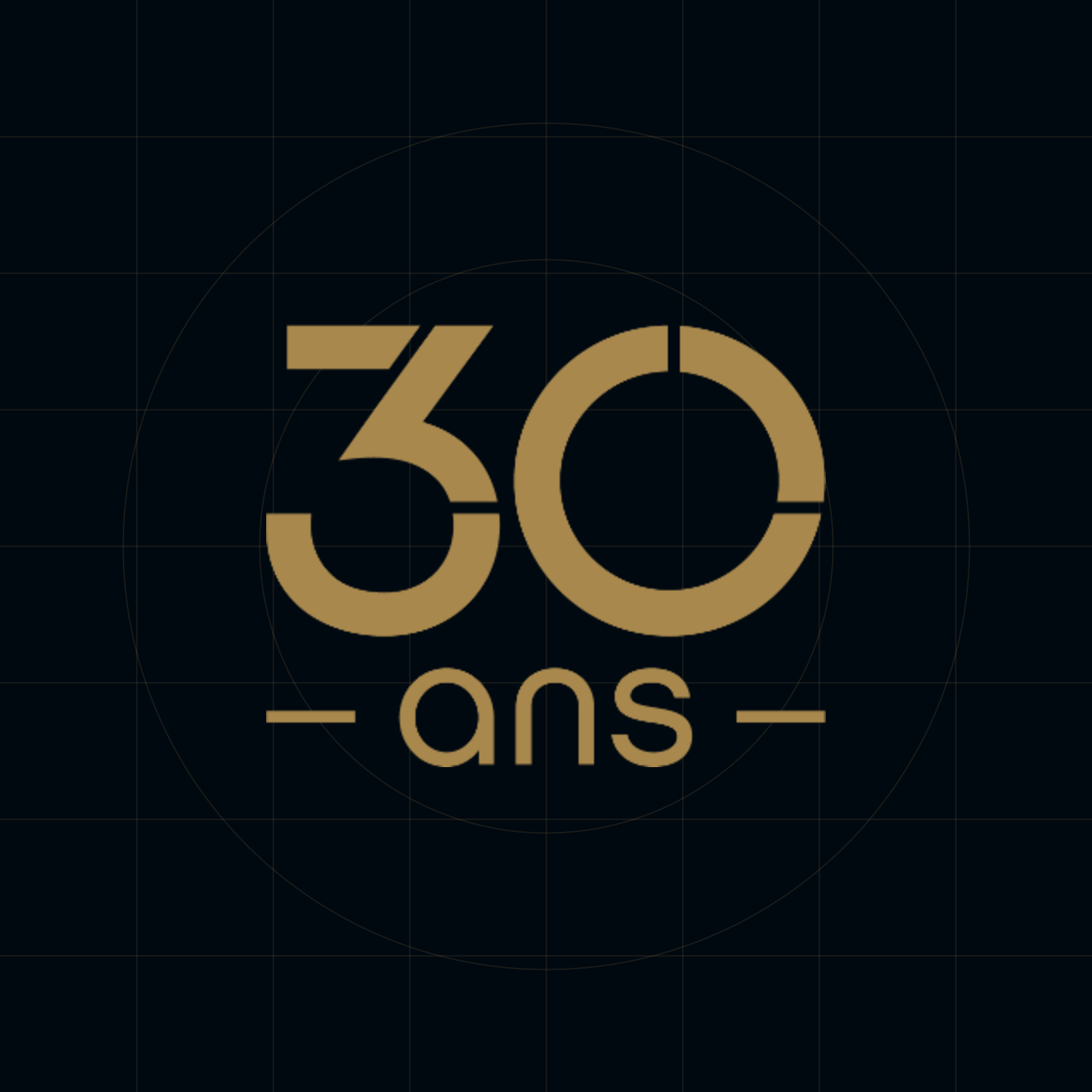 Gold AGC 30 years anniversary mark constructed over an architectural square and circular grid