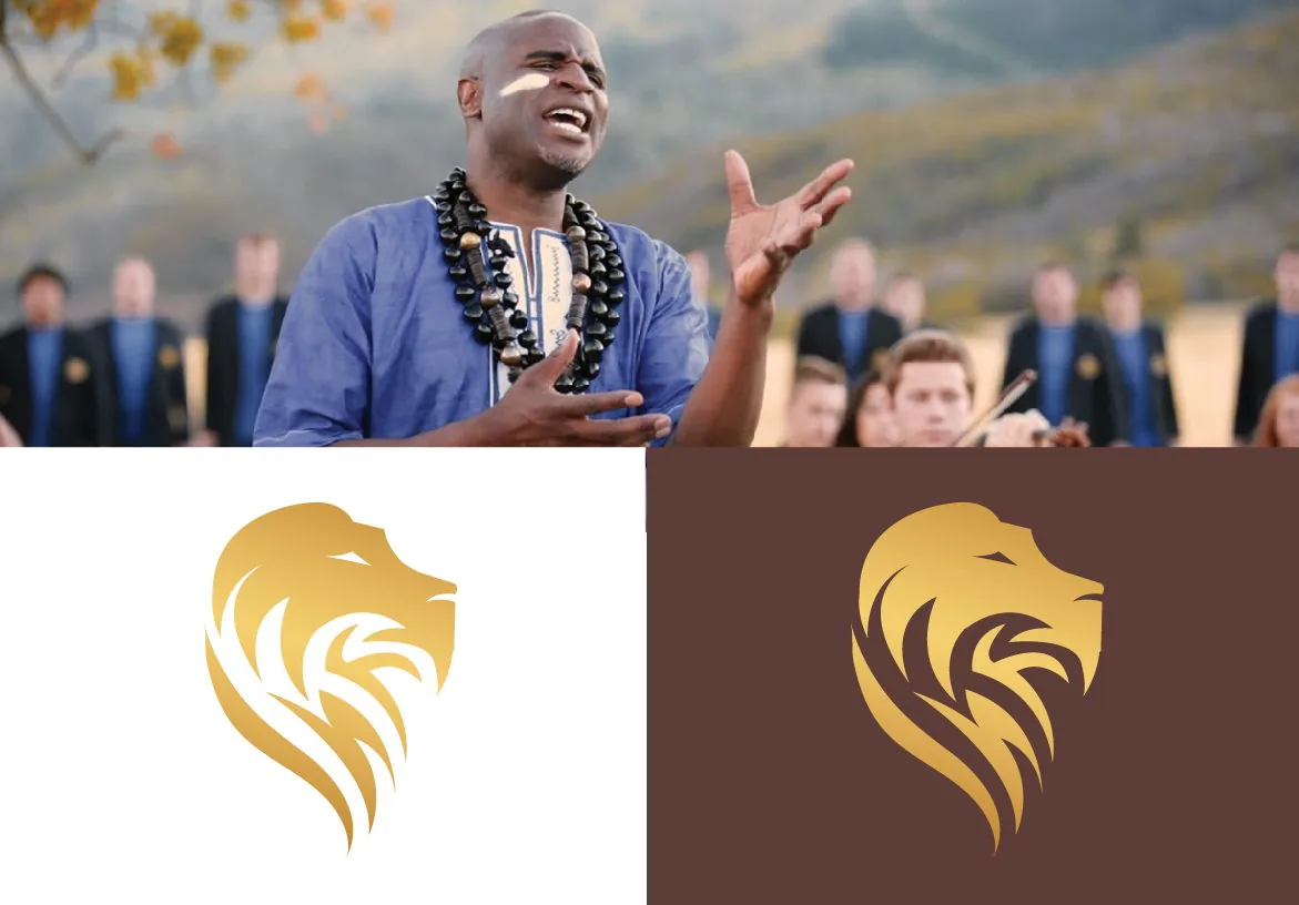 Alex Boyé performing with a choir alongside the official logo variations on white and earth-tone backgrounds