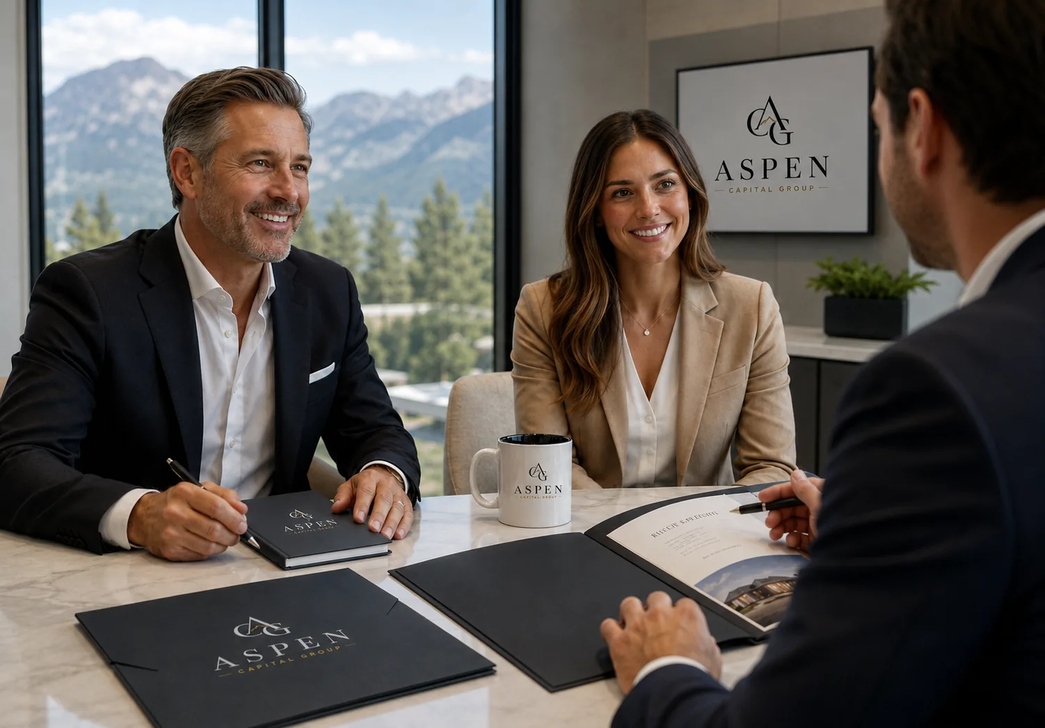 Aspen Capital Group branded folders and mug on a boardroom table with mountains in the background
