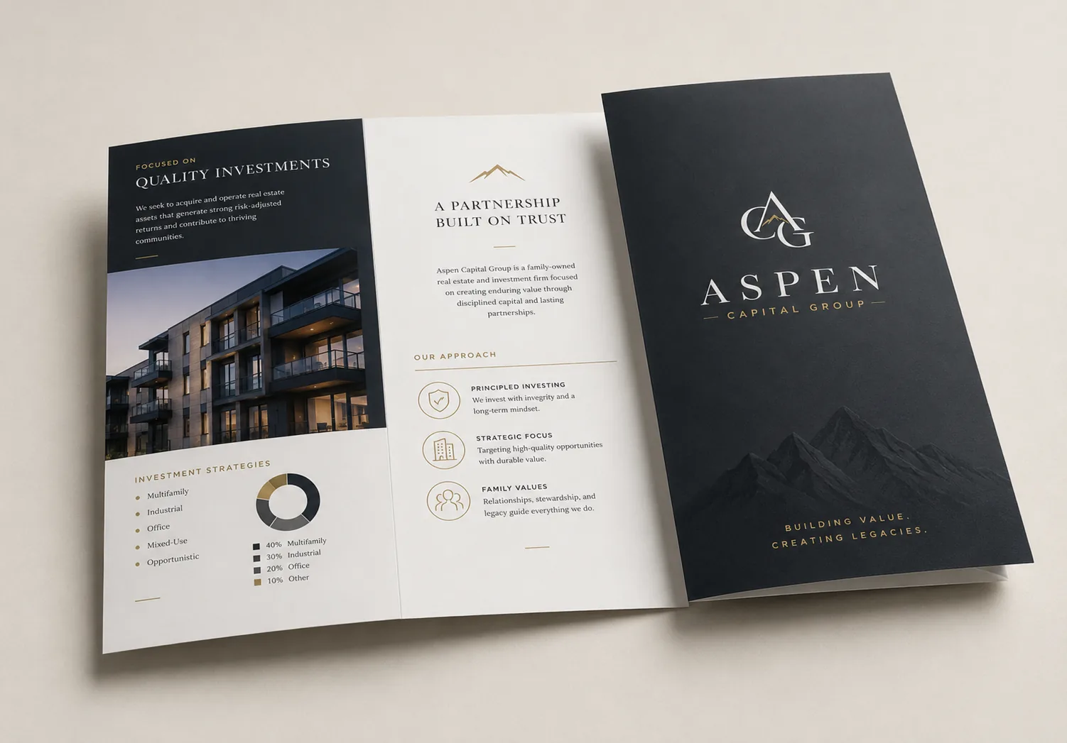 Aspen Capital Group dark and gold trifold investor brochure opened to interior spreads