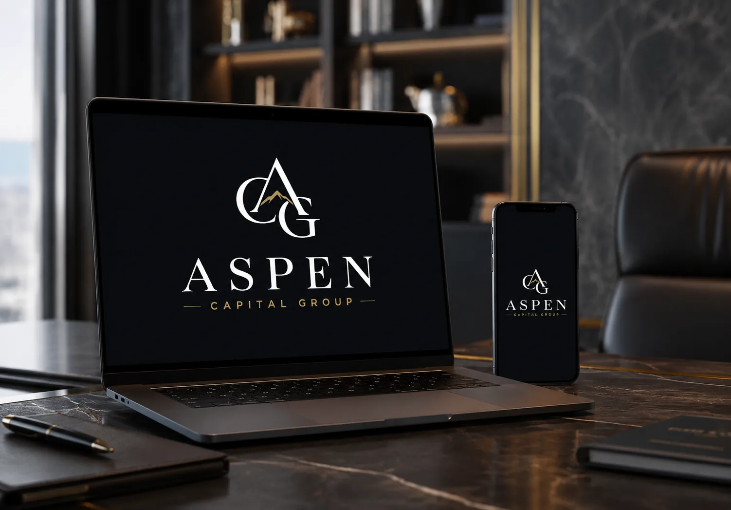 Aspen Capital Group brand identity shown on a laptop and smartphone on a dark wood desk