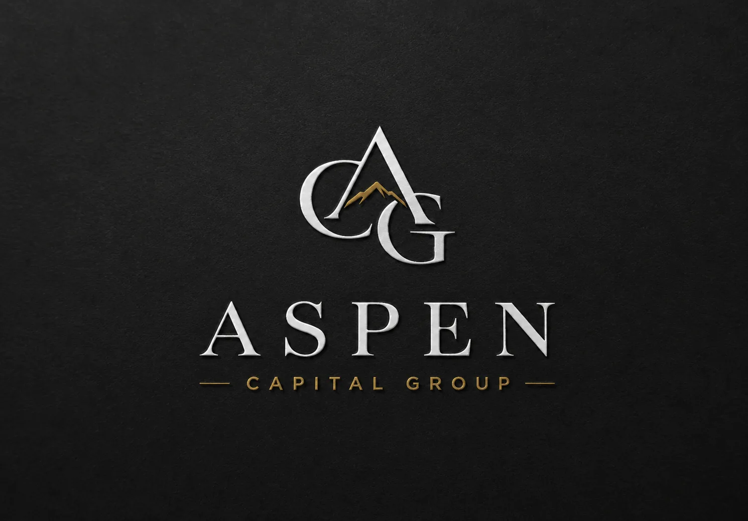 Aspen Capital Group AGC monogram logo with a gold mountain peak debossed on a dark textured surface