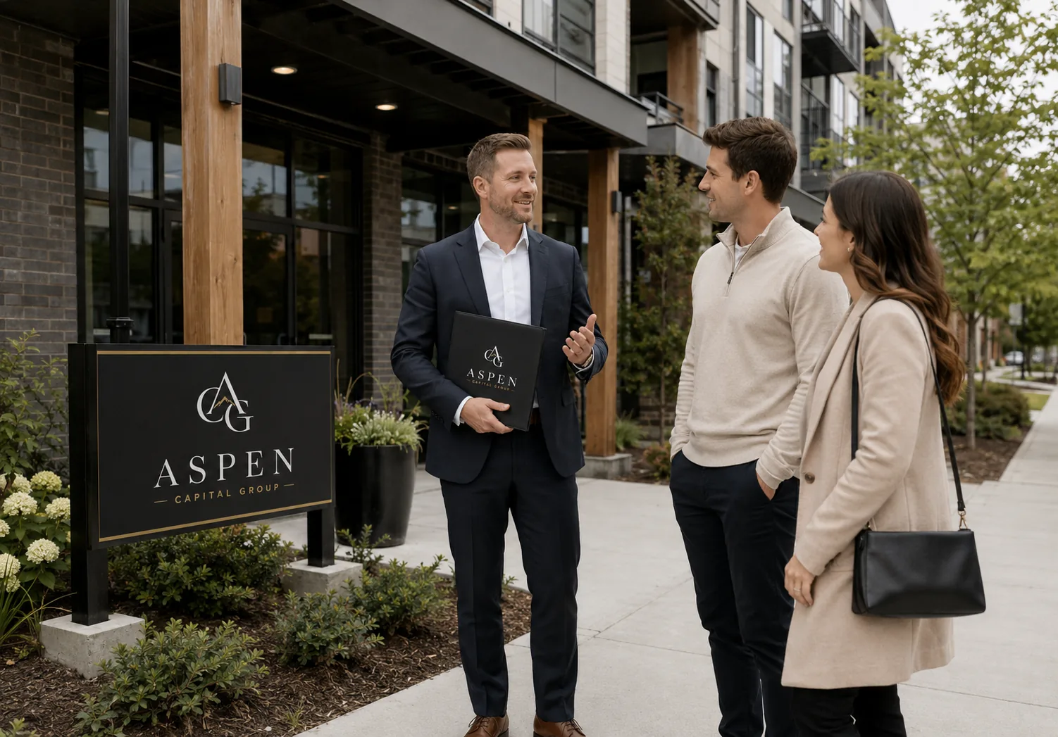 Aspen Capital Group monument sign outside a residential development with people walking by