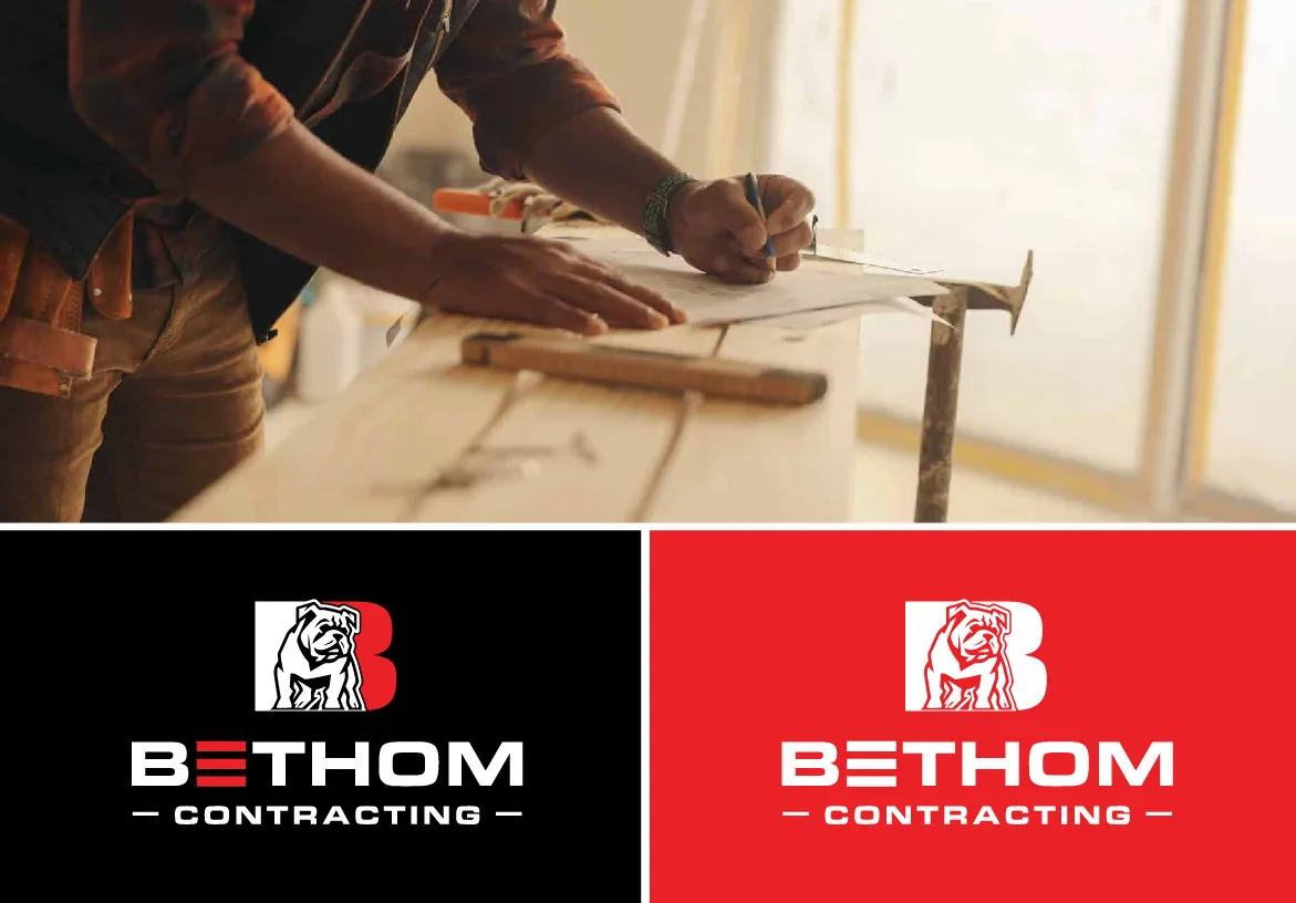 Brand identity showcase for Bethom Contracting with a contractor reviewing construction plans alongside red and black logo variations