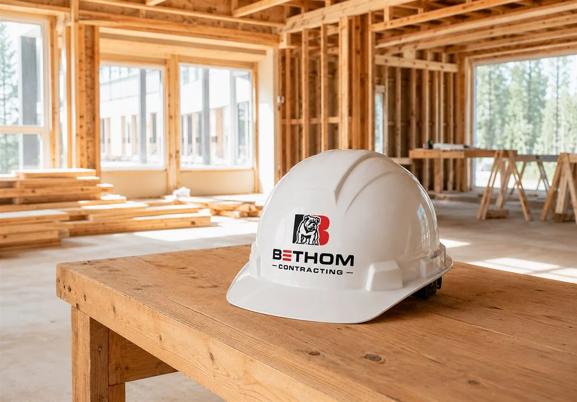 Bethom Contracting branded hard hat on a table inside an active interior framing project