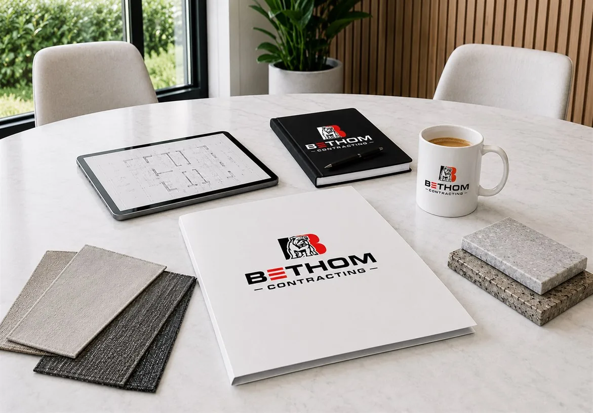 Bethom Contracting interior design materials presentation with folder, mug, tablet, and fabric samples
