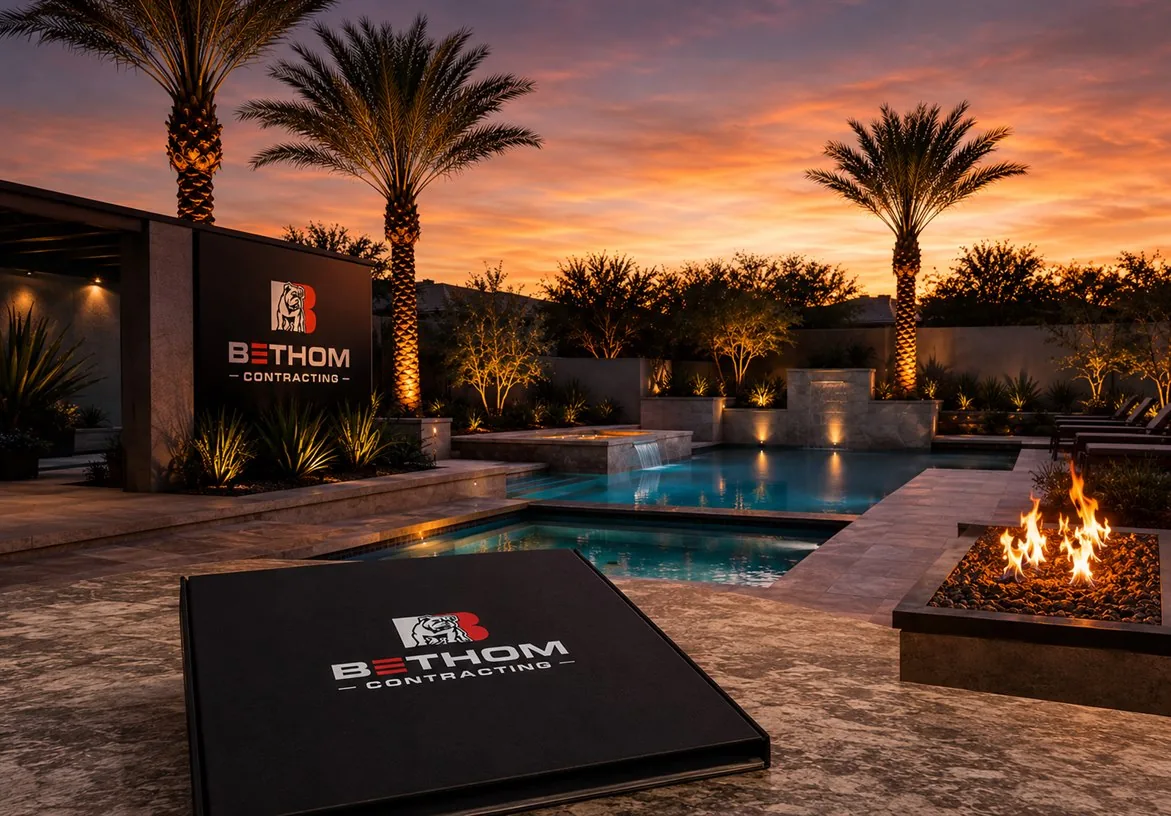 Bethom Contracting poolside brand presentation with logo folder beside an outdoor fire feature