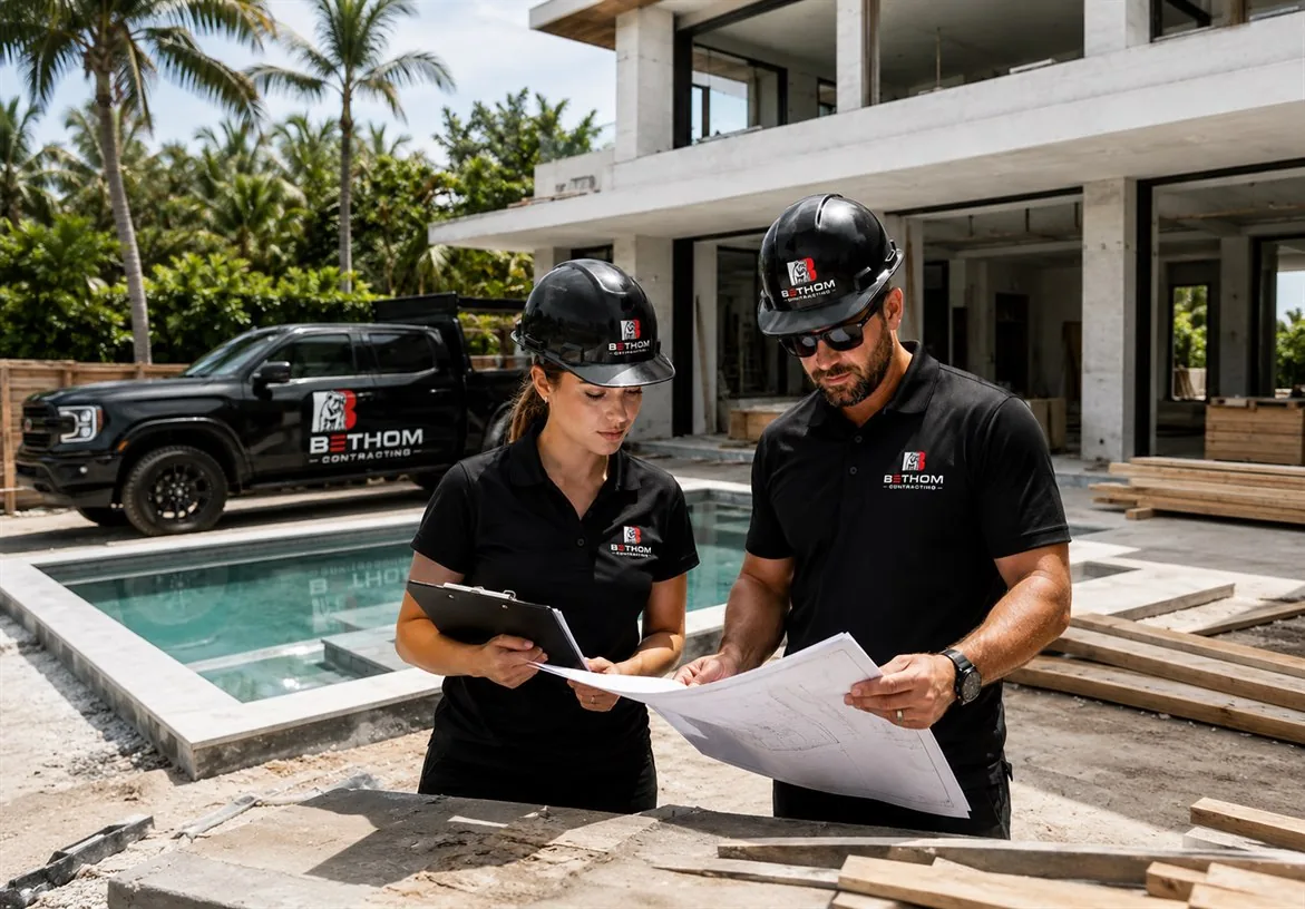 Bethom Contracting remodeling team reviewing construction plans outside a modern home project