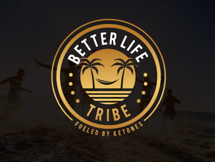 Gold circular logo for Better Life Tribe featuring palm trees and a hammock silhouette, set against a dark background representing the premium keto lifestyle in Hawaii.