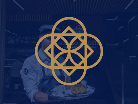 Gold ornamental logo for Bolhão A Gosto overlaid on a deep blue image of a waiter serving traditional Portuguese food in Porto.