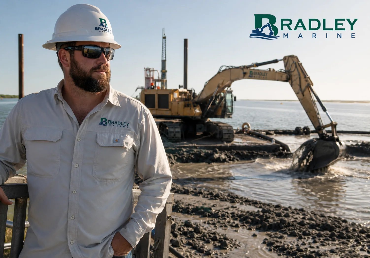 Bradley Marine field operator standing near excavator and waterfront dredge maintenance work