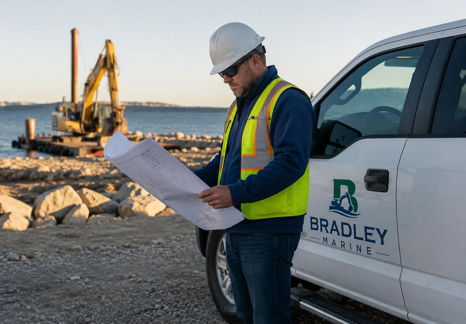 Bradley Marine field supervisor reviewing plans beside a branded truck near shoreline construction equipment