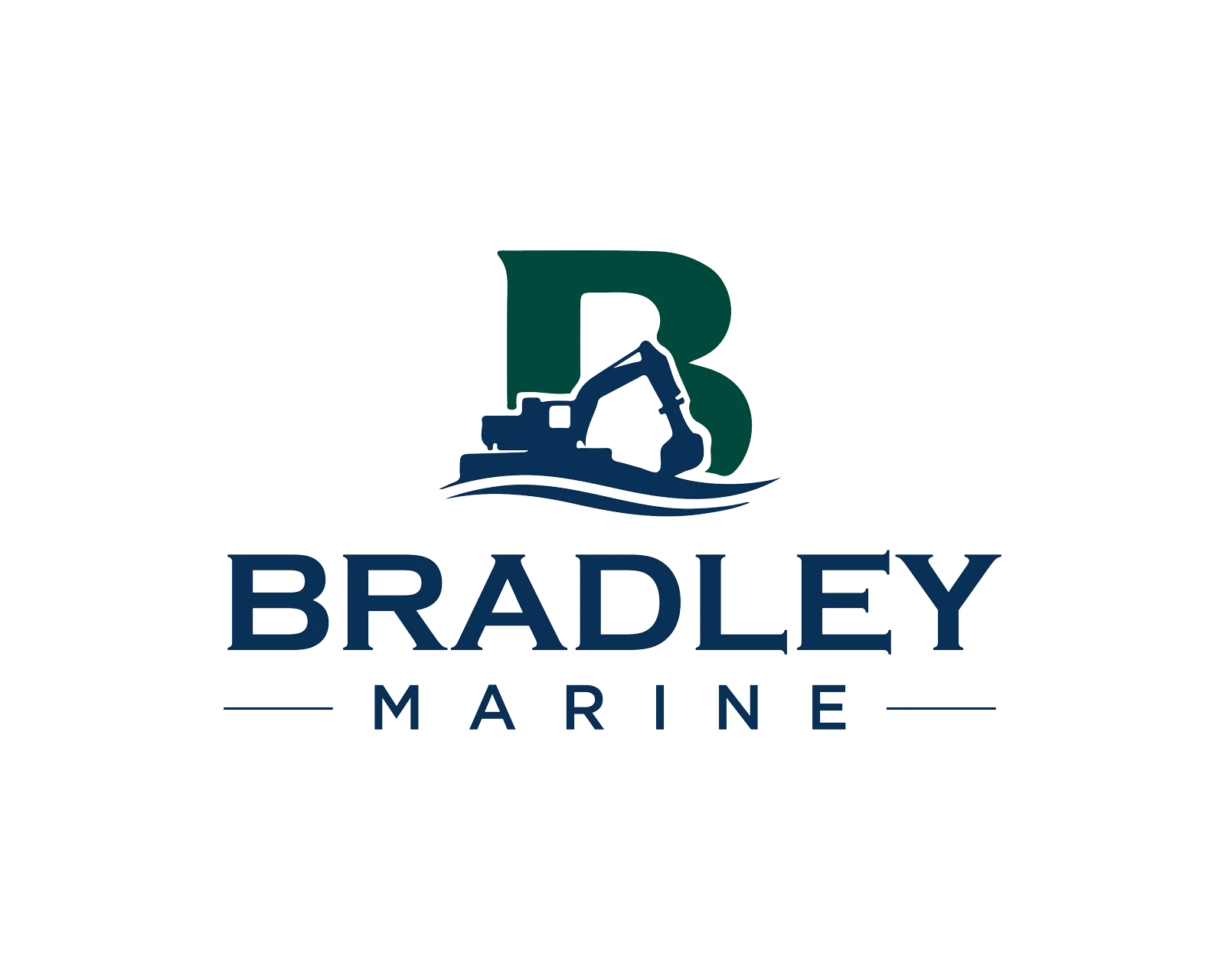 Final Bradley Marine logo showing a bold B, excavator silhouette, and wave line above the wordmark