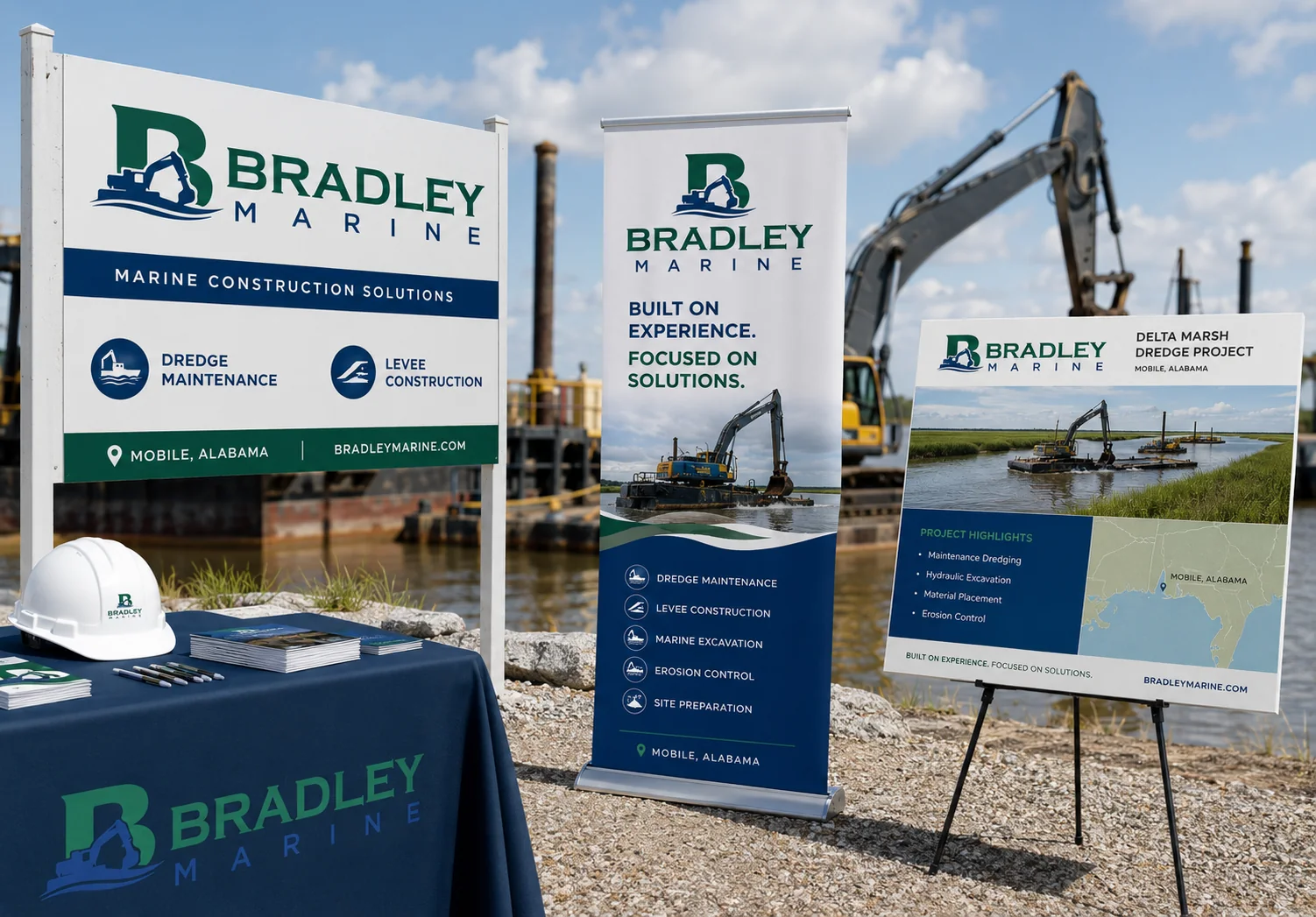 Bradley Marine jobsite display with service signs, table cover, hard hat, and waterfront construction imagery