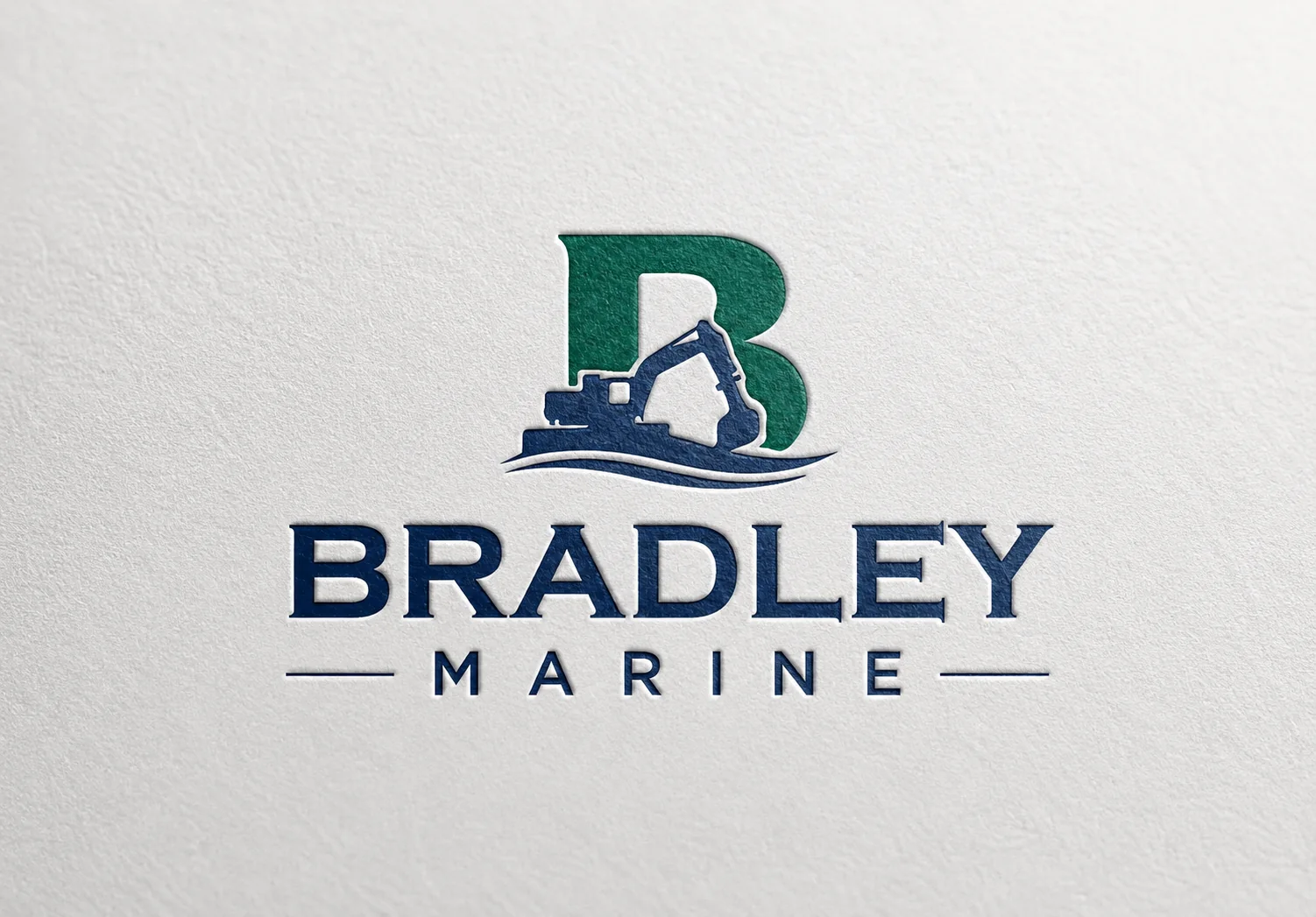 Bradley Marine B excavator and wave logo printed on textured white paper