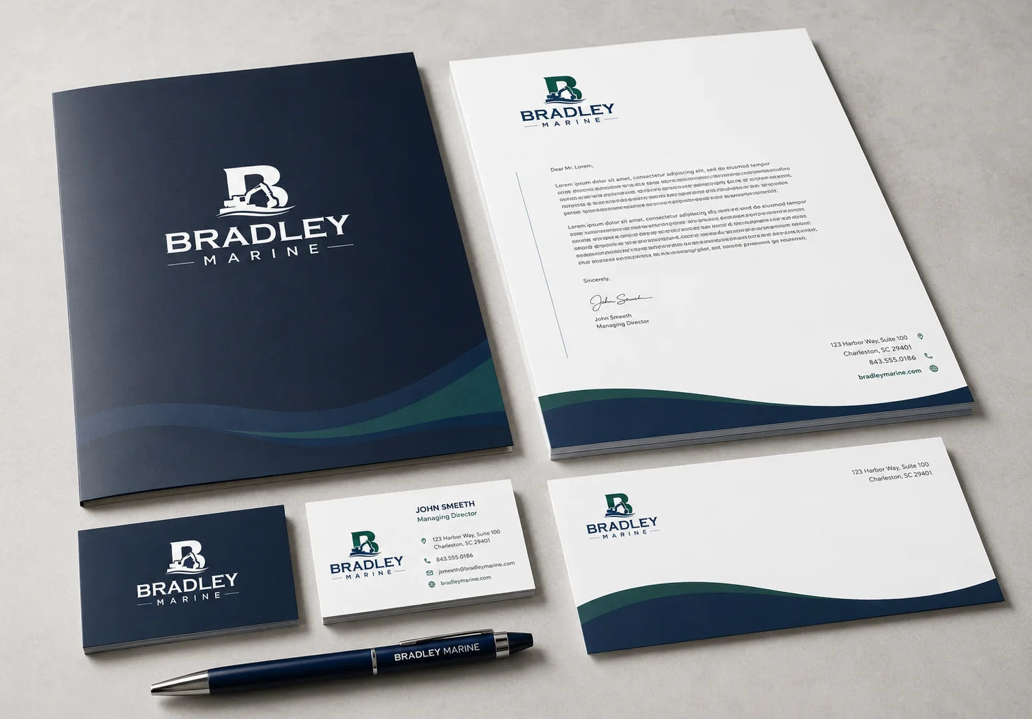 Bradley Marine stationery system with folder, letterhead, business cards, envelope, and pen