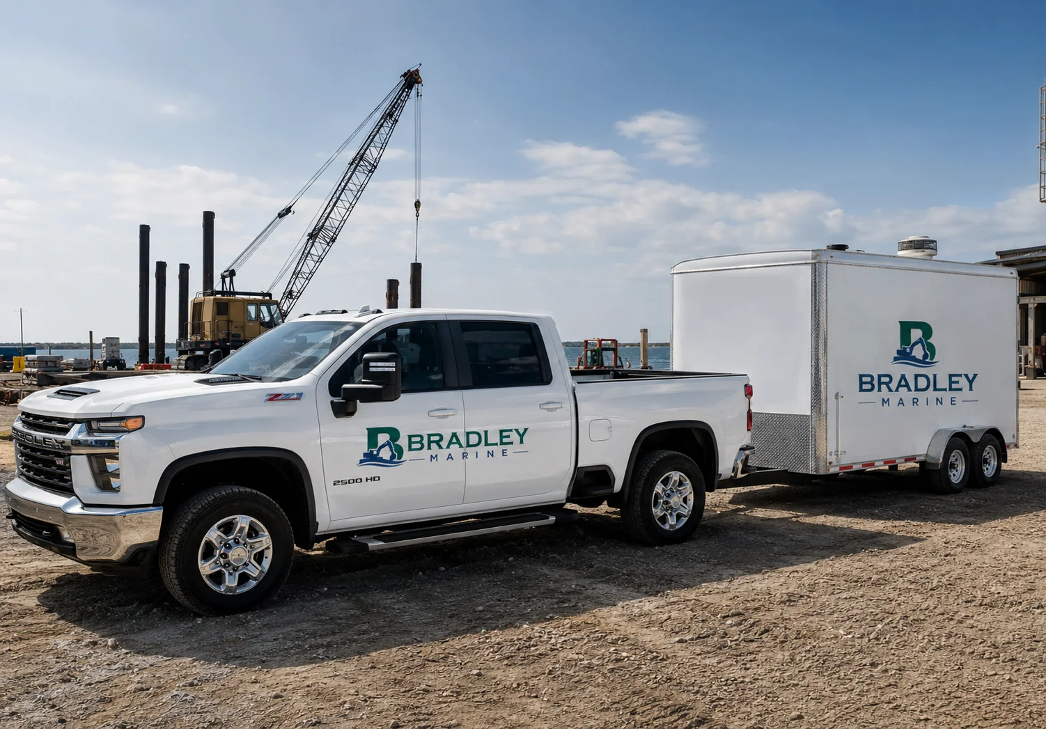 Bradley Marine branded truck and trailer at a marine construction jobsite