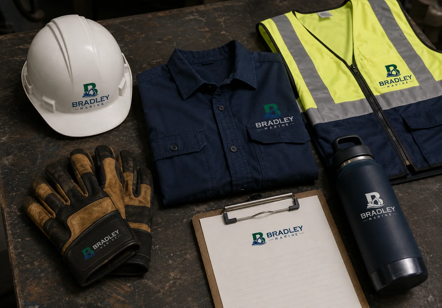 Bradley Marine logo applied to hard hat, work shirt, safety vest, gloves, clipboard, and bottle