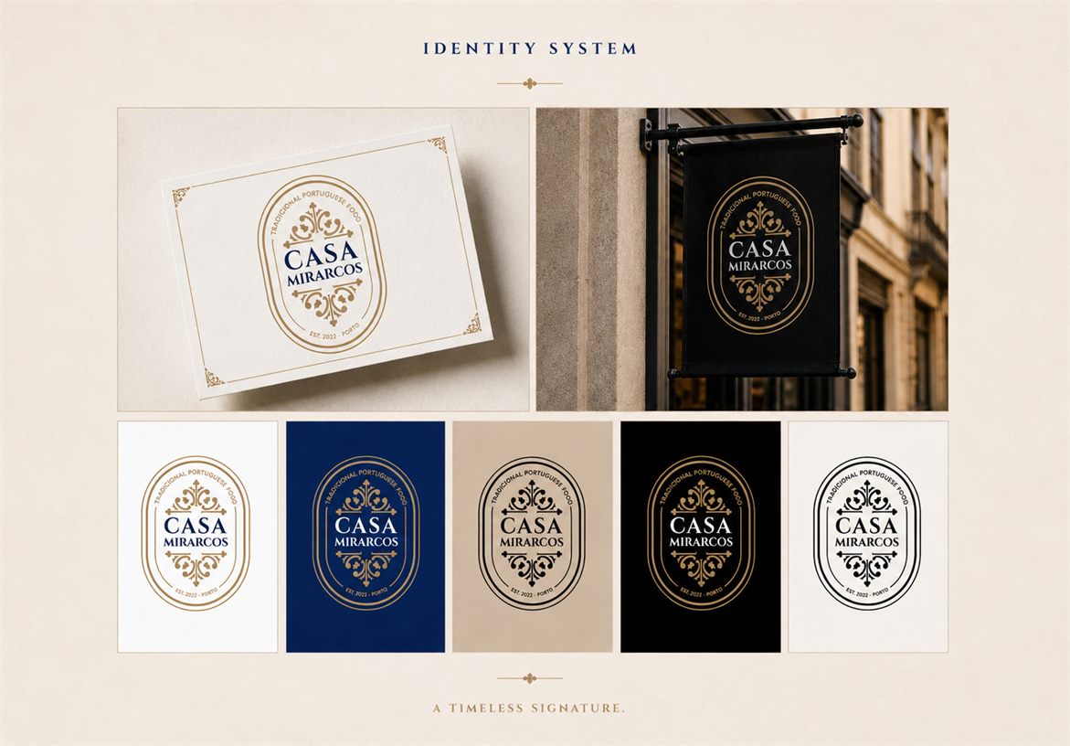 Casa Mirarcos brand identity system showing logo variations signage and color palette