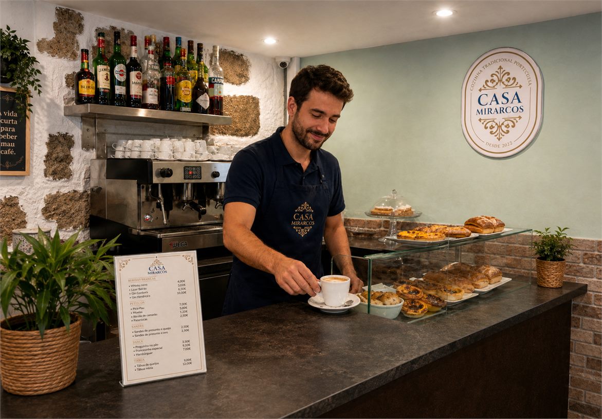 Casa Mirarcos cafe counter with branded menu and logo wall application