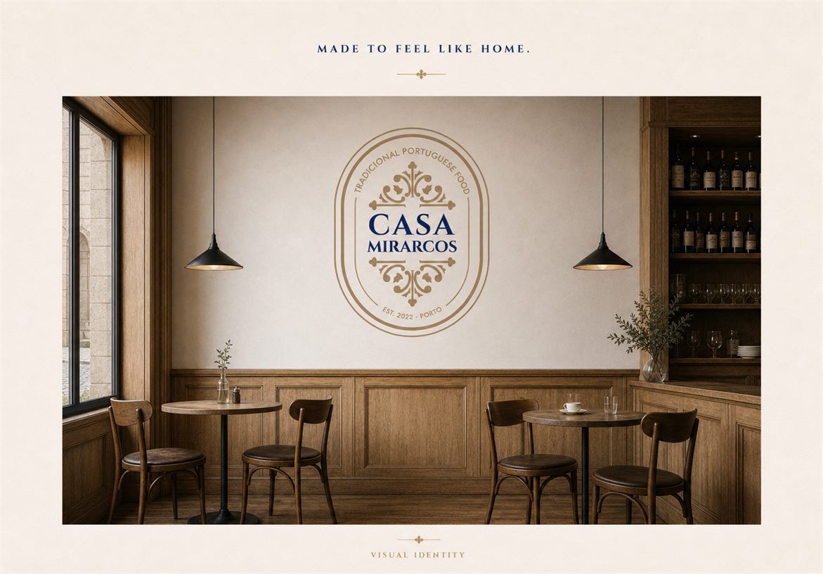 Casa Mirarcos logo applied to a warm restaurant dining room wall