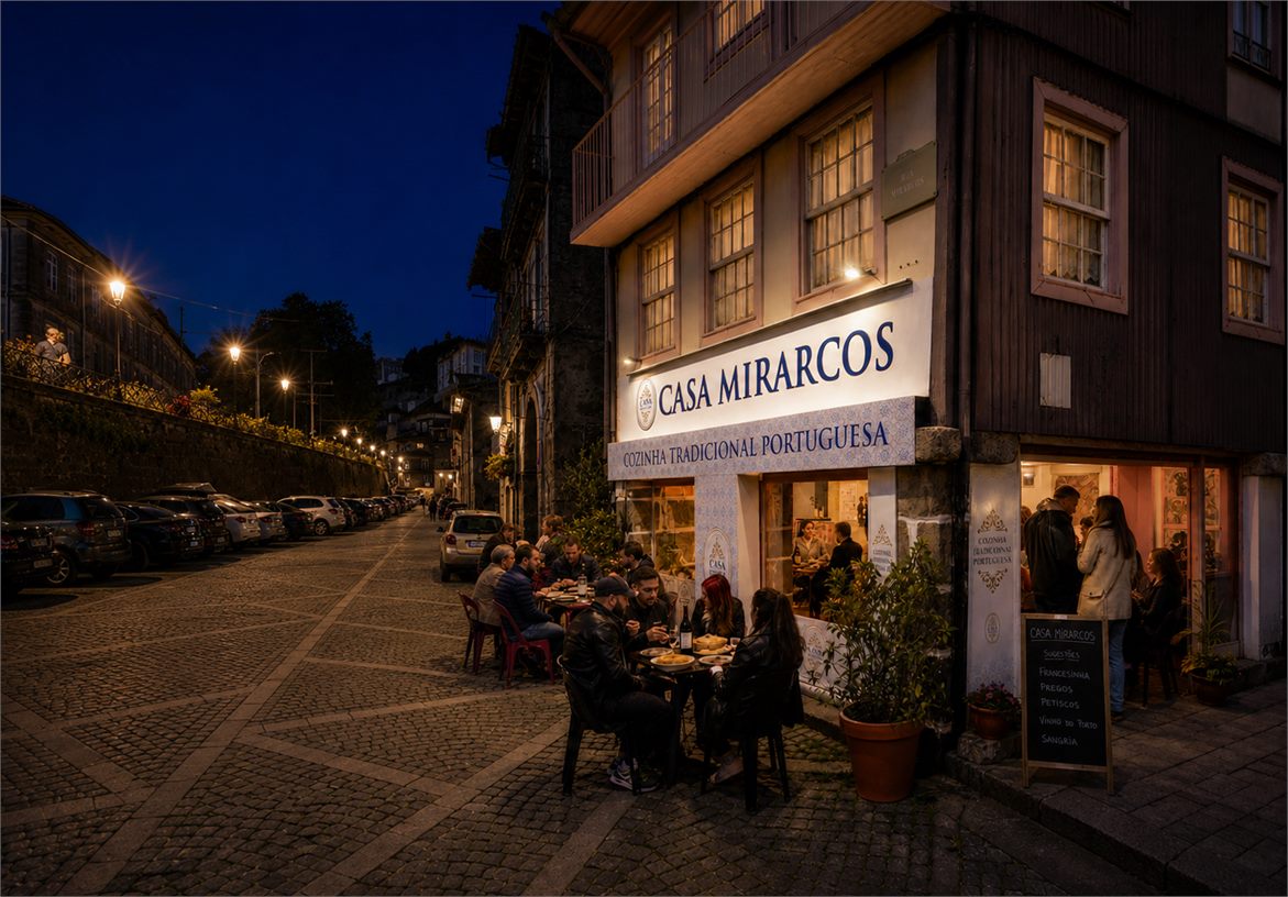 Casa Mirarcos evening facade signage with diners outside the restaurant in Porto